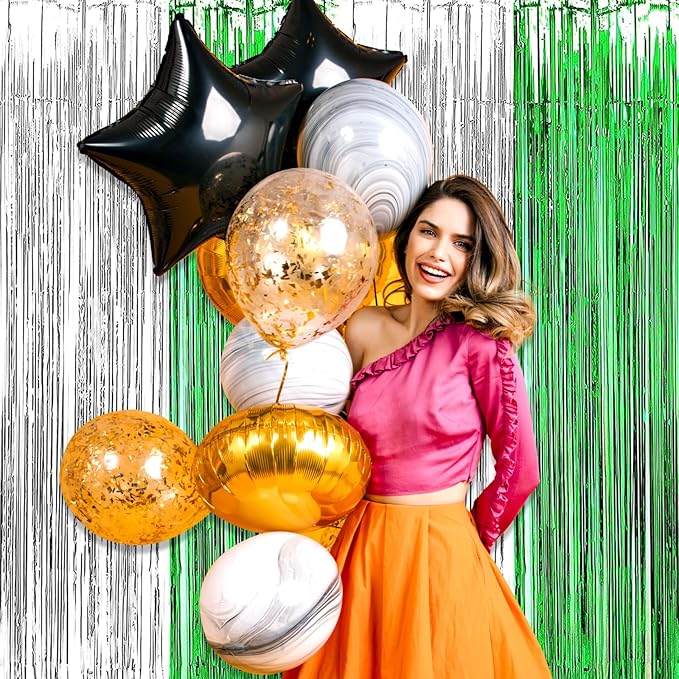 3 Pack Silver Green Foil Fringe Curtain Backdrop, 3.28Ft x 8.2Ft Metallic Tinsel Foil Fringe Streamer Curtains for Photo Booth, Mother's Day, Easter, Birthday, Wedding Party Decorations