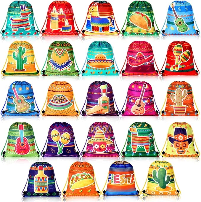 Marsui 24 Pcs Taco Party Party Favor Drawstring Bags Gift Goodie Candy Favors Bags for Birthday Party Supplies