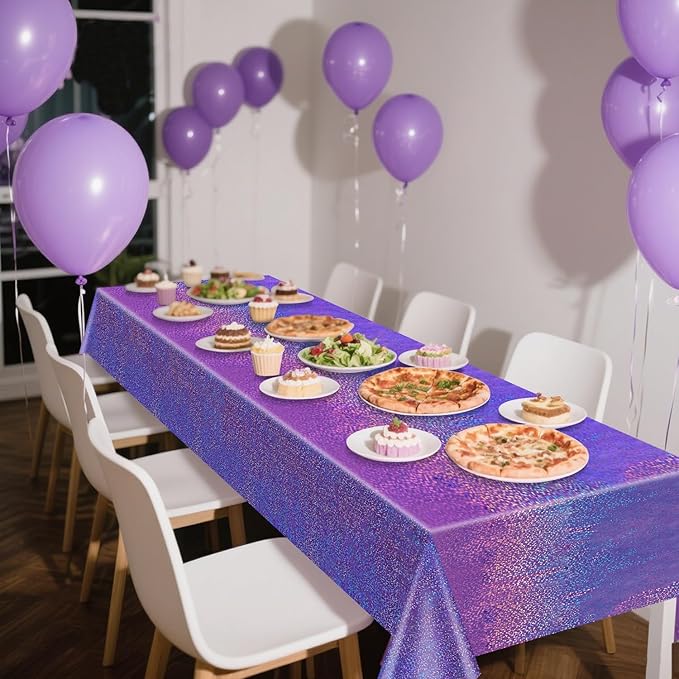 4Pcs Purple Holographic Tablecloths Rectangular Purple Iridescent Tablecloth Shimmer Metallic Table Covers for Butterfly Mermaid Party Birthday Wedding Christmas Holiday Party Decorations, 54x108Inch
