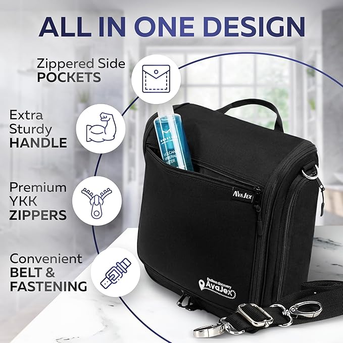 Extra Large (11.8”x11.8”x4”) Hanging Travel Toiletry Bag for Men and Women - Cosmetic Travel Bag With Shoulder Strap - Waterproof Hygiene Bag with Metal Swivel Hook and 19 Compartments for Toiletries