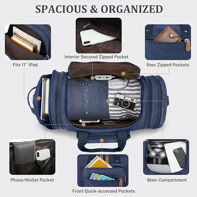 Gonex Canvas Duffle Bag 60L Travel Duffel Overnight Weekend Bag with Shoe Compartment (Blue)