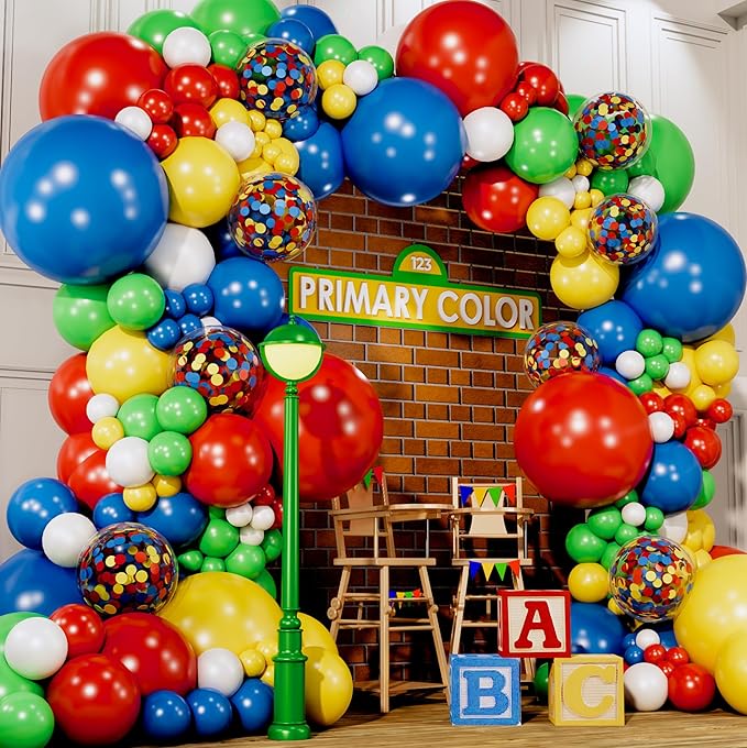ALL-IN-1 Lego Balloon Arch Kit & Garland – Red, Blue, Green Balloons in Small & Large Sizes – Primary Colors for Circus, Carnival, Rainbow, Boys Birthday Party Supplies & Decorations