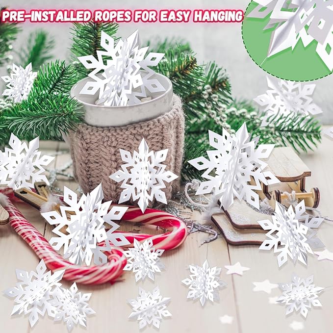 OuMuaMua Winter Christmas Snowflake Decorations Indoor, 24PCS 3D White Snowflakes Hanging Ornaments for Home Xmas Christmas Holiday Winter Wonderland New Year Party Decorations
