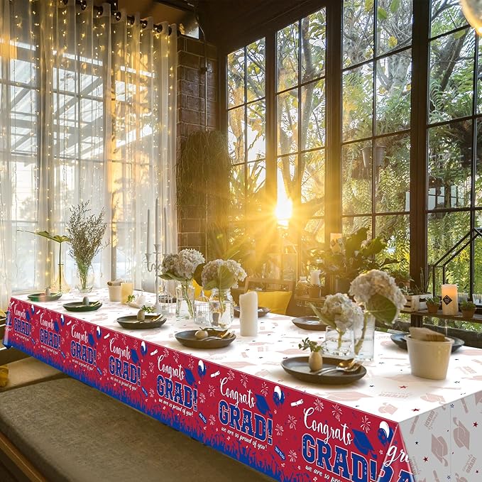 6 Pack Graduation Tablecloth Party Decorations, Class of 2026 Congrats Grad Plastic Tablecover Party Supplies, Red and Blue Rectangle Graduation Table Decor for College High School Party, 54 x 108Inch