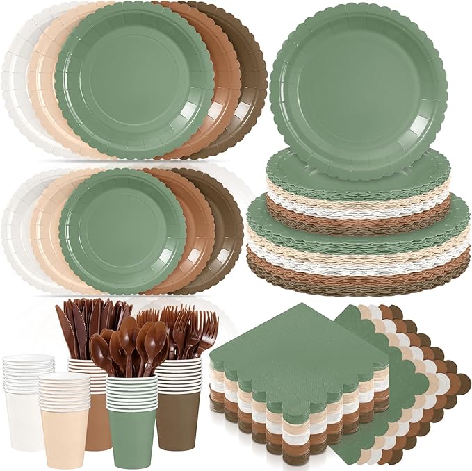 Zhehao 350 Pcs Woodland Party Supplies Set Green and Brown Disposable Tableware Kit with Plates, Cups, Napkins, Cutlery in Natural Earth Tones for Baby Shower, Birthday, Wedding Forest Events