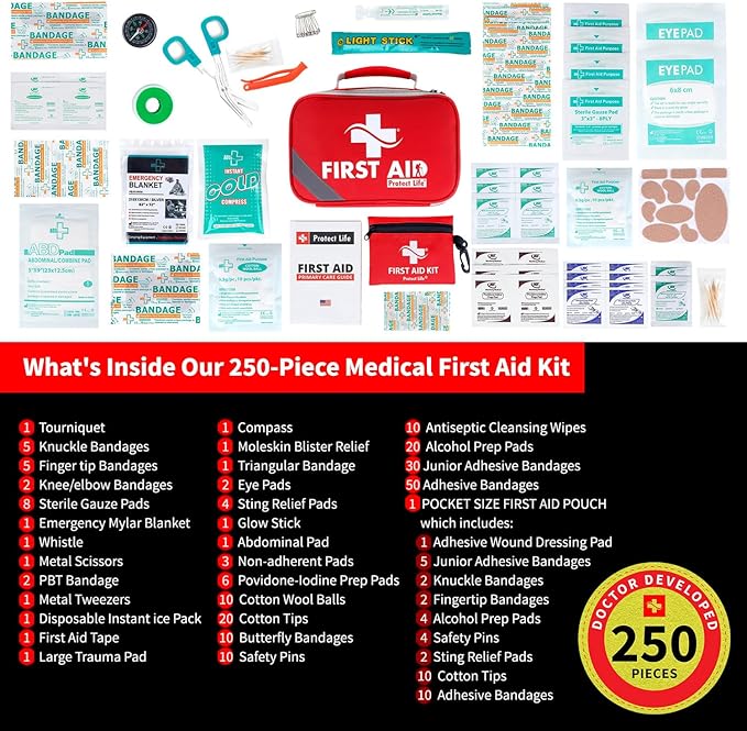 Protect Life Survival First Aid Kit for Home/Business, Camping Survival Kits | Mini Travel First Aid Kit | Camping Equipment | Small Kits for Car | Outdoor Emergency Survivals Pack - 250pcs