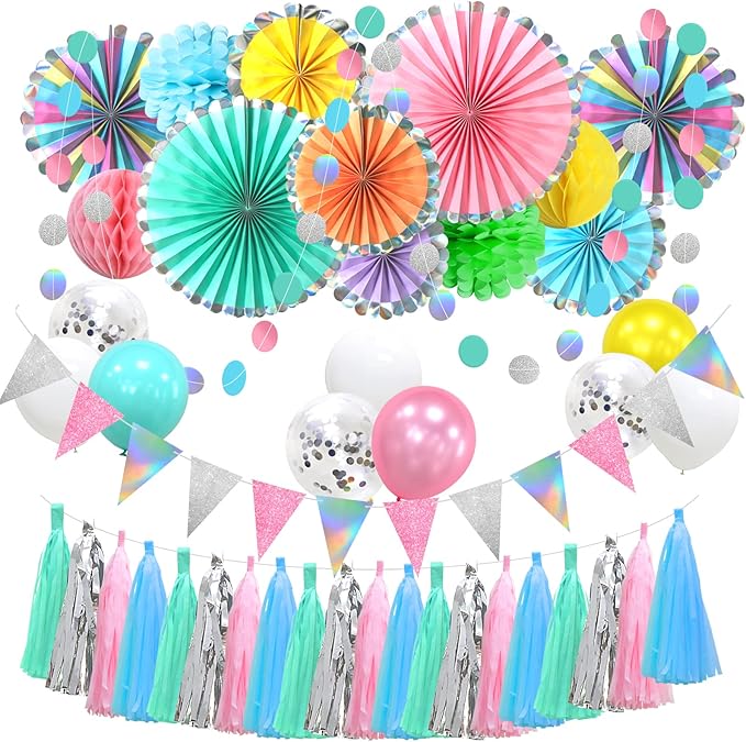 24 Pcs Hanging Paper Fans Decoration Colorful Tassel Garland Party Supplies Iridescent Glitter Banners Balloons Tissue Paper Pom Poms Flowers honeycomb for Girl Women Bridal Shower Wedding Graduation