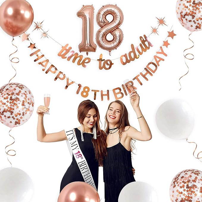 Rose Gold Time to Adult Happy 18th Birthday Banner Garland Foil Balloon 18 for 18th Birthday Decorations Hanging Eighteen Year Old Birthday Party Decor for Men Boys Girls 18 Birthday Party Supplies