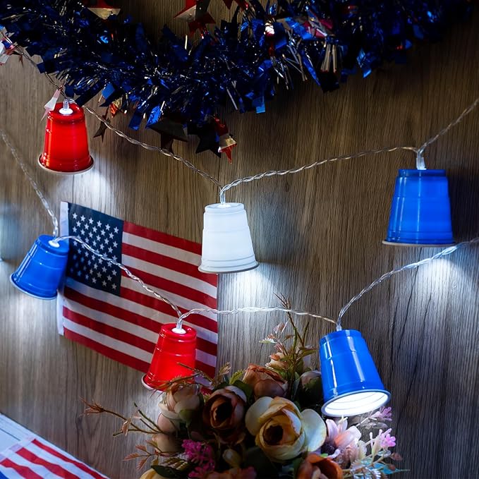 Hiboom Red White and Blue Cups Light, Christmas Shot Cups Fairy String Lights Battery Operated LED for 4th of July Independence Day Christmas Decor Memorial Day Bar Graduation RV Party(1 Pack)