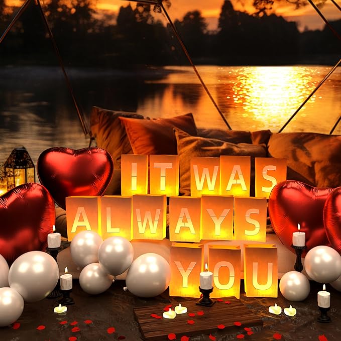 It was Always You Light Up Letters, with Tea Lights Candles, Rose Petals, Pearlescent Foil Balloons - Luminary Paper Bags, Anniversary Decorations and Proposal Decorations for Your Loved One