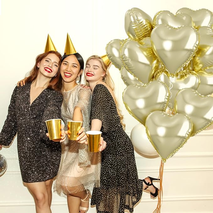 Pastel Gold Heart Balloons - 18 Inch Foil, 10 Pcs Love Balloons for Valentines Day, Birthday, Wedding, Bridal, Baby Shower Decorations