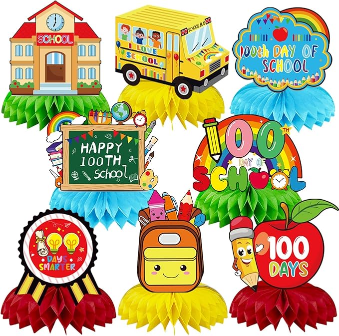 JULMELON 8 PCS 100 Days of School Decorations Honeycomb Centerpiece, 6 Inch Diameter, Red, Green, Yellow, Blue, Includes Honeycomb Centerpieces