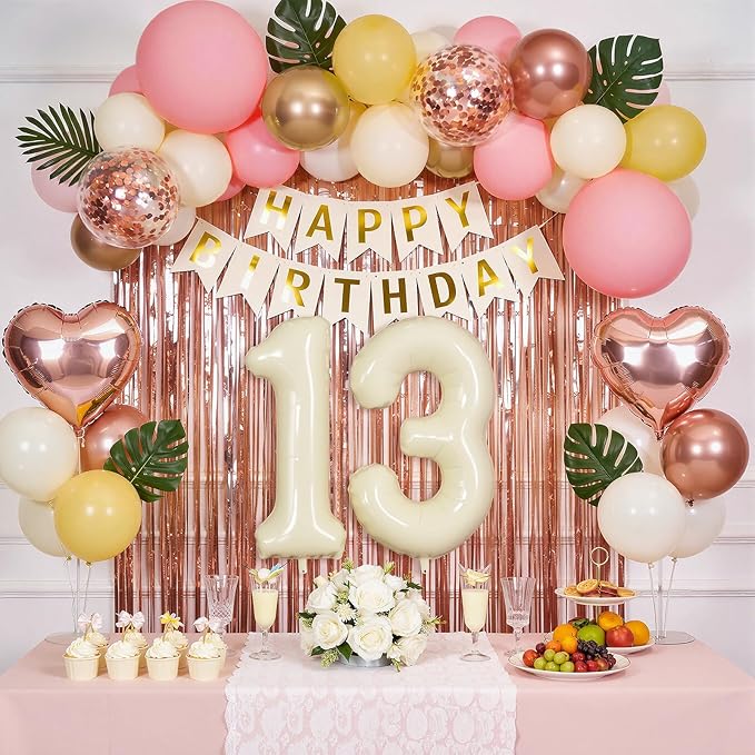 13th Birthday Decorations for Girl, Retro Sand White and Cream Balloon Garland Kit, Cream Number 13 Balloon, Pink Official Teenager Banner, 13 Year Old Party Supplies