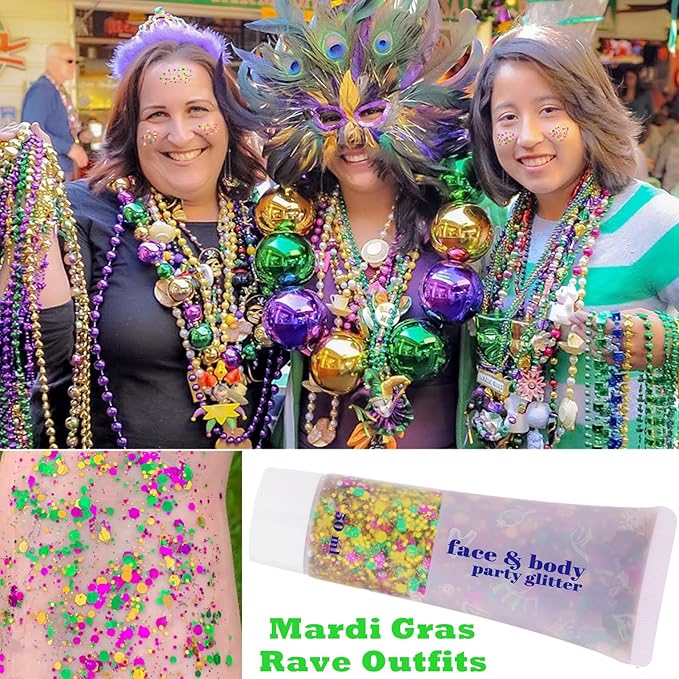 Go Ho Face Body Glitter Gel,Mardi Gras Outfit for Women and Kids,Sparkly Holographic Party Festival Rave Mardi Gras Accessories for Carnival,Gold Green Purple Chunky Glitter Makeup,52g