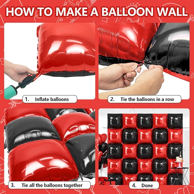 NISOCY 25PCS Red Black Square Foil Balloons Wall Backdrop Double Sided Red Black Balloons Arch Kit for Birthday Valentine's Day Halloween Graduation Wedding Anniversary Party Decorations
