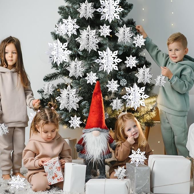 OuMuaMua Winter Christmas Snowflake Decorations Indoor, 24PCS 3D Large White and Silver Snowflakes Hanging Ornaments for Home Xmas Christmas Holiday Winter Wonderland New Year Party Decorations