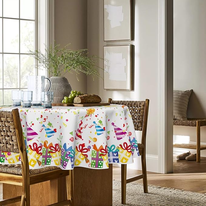 Horaldaily Birthday Tablecloth 48x48 Inch Round, Happy Birthday Ballon White Washable Seasonal Table Cover for Party Picnic Dinner Decor