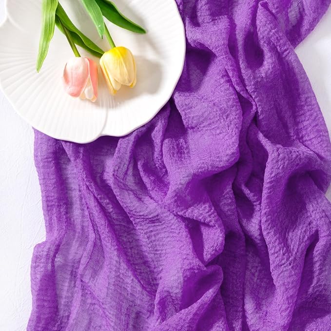 Socomi 3pcs Purple Easter Spring Cheesecloth Table Runner Gauze 120 Inch Rustic Boho Cheese Cloth Runner for Wedding Party Baby Bridal Shower Centerpiece Decoration Holiday Home Decorations
