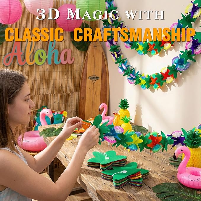 FUTUREPLUSX 2 Pack Tropical Garland Party Decorations, 20ft Multicolored Tissue Paper Hibiscus Flower Summer Banner for Birthday Beach Theme Luau Hawaiian Party Supplies Jungle Decor