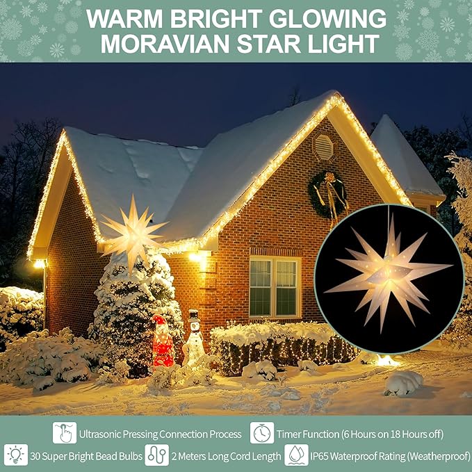 23" White LED Moravian Star Outdoor Light,Waterproof 3D Christmas Tree Topper Lamp with Timer Function,Hanging Outdoor Christmas Light for Holiday Porch Room Party Decoration (23 inch)