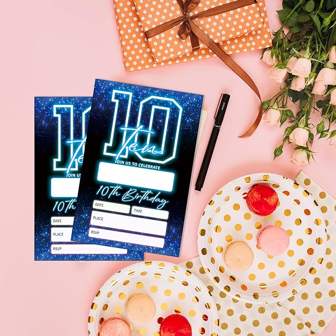 SIXEIGHT Blue 10th Birthday Party Invitations for Kids, Glow Neon 10th Birthday Invitations for Boys Girls, 20 Pack Blue Invites with Envelopes, Glow Neon Party Decorations Supplies, 4"x6"-C10