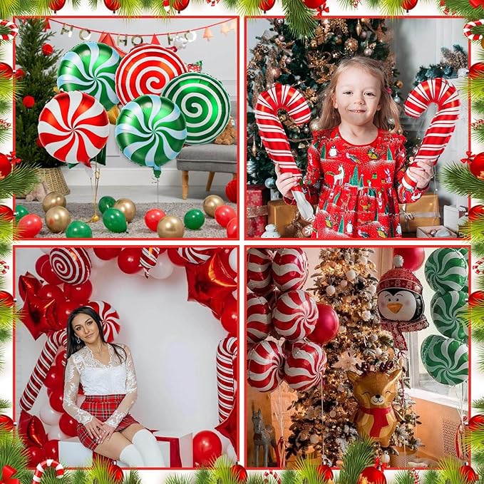 72Pcs Christmas Balloons Kit, Cane Candy Foil Balloons with Ribbons, Red Green Mylar Balloon for Party Decorations