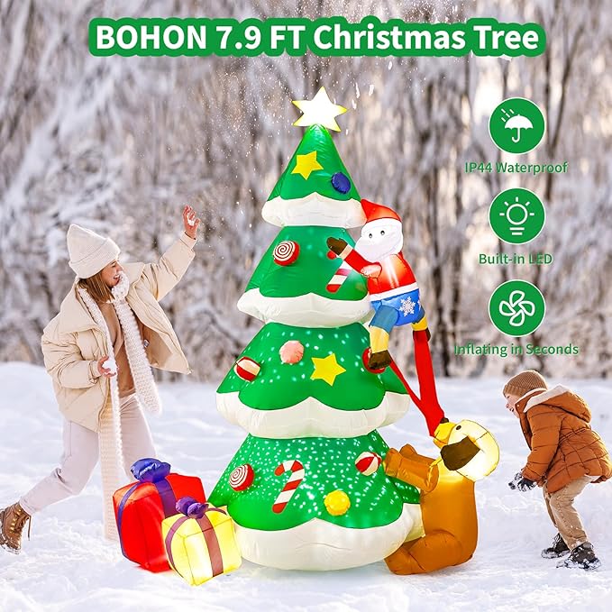BOHON 7.9 FT Inflatable Christmas Tree Decorations Outdoor, Built-in Rotated Snowflake Light and LEDs, Blow Up Yard Christmas Tree with Santa Claus Dog Gift Boxes Inflatables for Indoor Xmas Decor