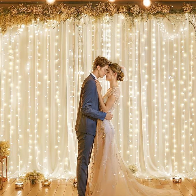 10ft x 10ft Ivory Chiffon Backdrop Curtain with Lights String for Parites Wedding Wrinkle Free Curtain Photo Backdrops Drapes for Baby Shower Birthday Party Home Decorations
