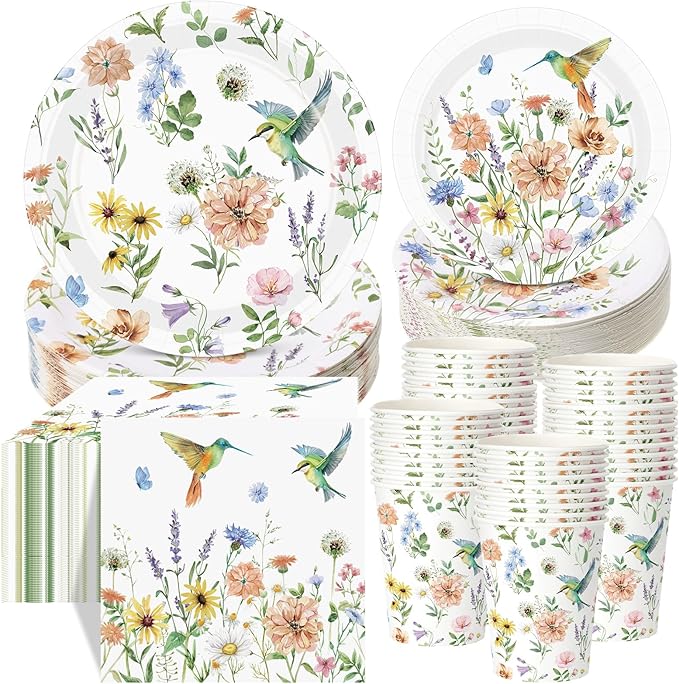 Pickmesh 250 Pcs Spring Wildflower Decoration Floral Hummingbird Themed Disposable Paper Plates Napkins and Cups Dinner Tableware for Birthday Party Dinnerware Birthday Baby Shower Tea Party Supplies
