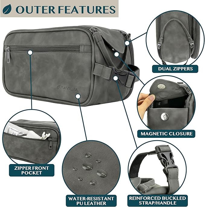 PAVILIA Toiletry Bag for Men, Travel Essentials Shaving Dopp Kit, Mens Travel Bag Toiletries Organizer Case for Grooming, PU Leather Water Resistant Cosmetic Bag Pouch (Dark Grey)