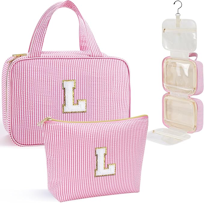 YOOLIFE Birthday Gifts for Teen Girls Kids, Initial Hanging Toiletry Bag for Teen Girl Kids, Travel Toiletry Bag Gifts for Mom Daughter Sister Friends, Letter L, Pink