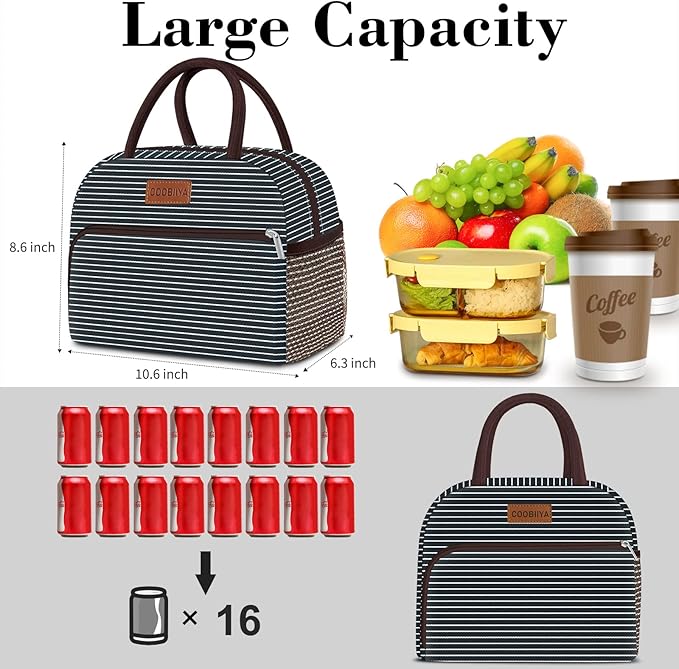 Coobiiya Lunch Bag Women, Lunch Box for Women Adult Men, Small Leakproof Cute Lunch Tote Large Capacity Reusable Insulated Cooler Lunch Container for Work/Office/Picnic/Travel-Stripe