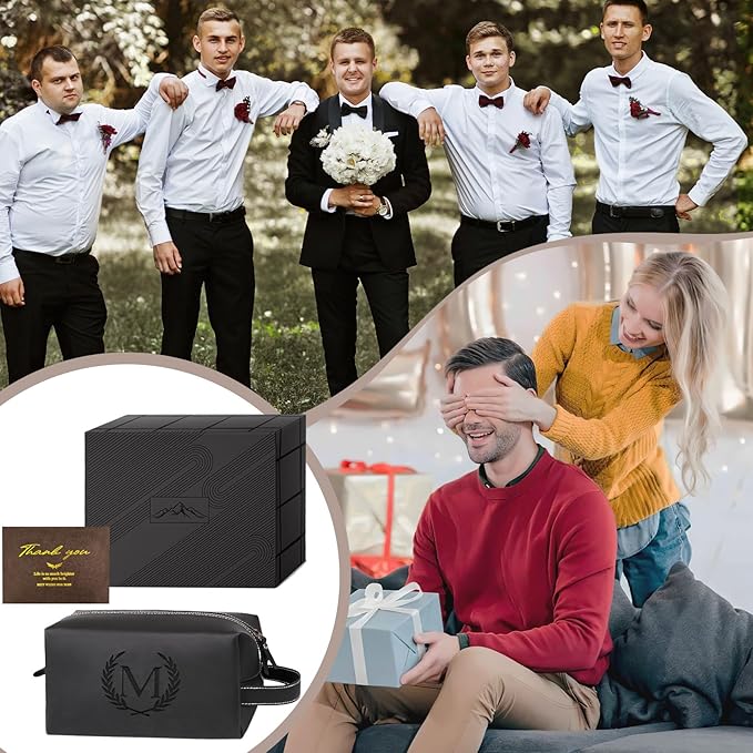 Personalized Gifts Travel Toiletry Bag for Men Engraved Initial PU Leather Waterproof Shaving Bag for Toiletries Accessories Fathers Day Birthday Gift for Men Dad Husband Son, Black Q
