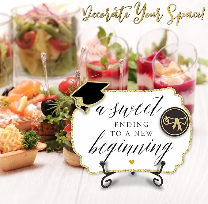 5"X7" Graduation Wooden Buffet Sign - A Sweet Ending To A New Beginning - Candy Sign With 1 Metal Support，2 DIY Wood Decor With Velcro, Grad Party Decor & Supplies(Gold) - B02