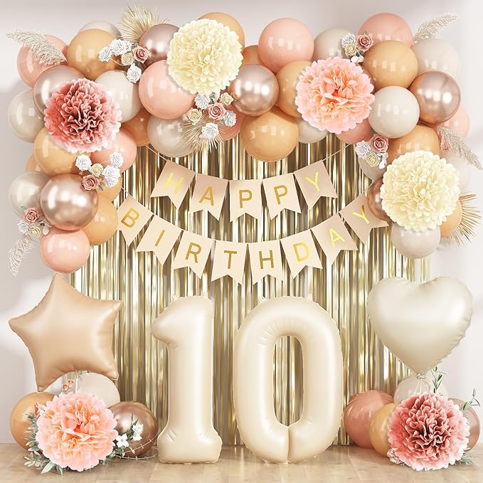 Beige 10th Birthday Decorations Girls Boys Cream Number 10 Balloon Nude Gold Happy Birthday Banner Fringe Curtain Paper Pom Poms Blush White Sand Champagne Star Foil Balloons Neutral Boho Party Decor