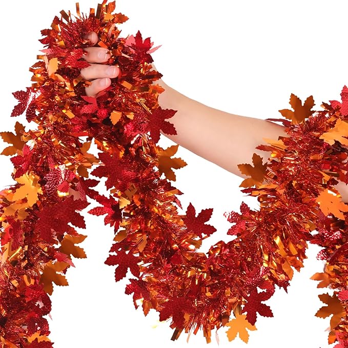 Fall Maple Leaves Garland Decorations,50Ft Glitter Tinsel Leaf Thanksgiving Decor for Tree Autumn Mantle Bedroom Office Classroom Party Indoor Outdoor Holiday Home Orange