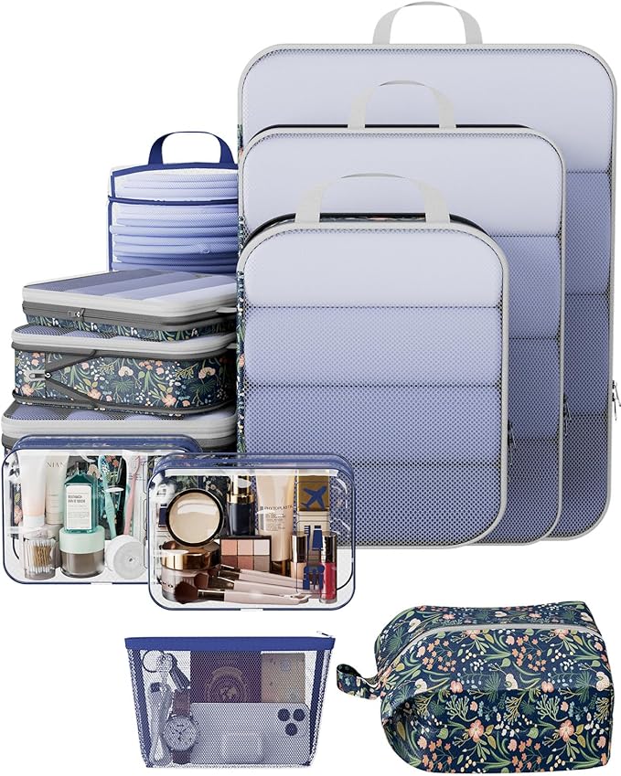 Veken 11 Set Compression Packing Cubes for Travel Essentials,Compressible Expandable Large Luggage Suitcase Organizer Bags for Clothing,Durable Space Saver Storage Bags(Dark Blue Floral)