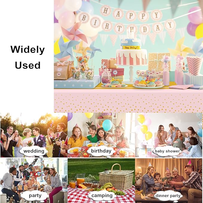 4 Pack Pink and Gold Tablecloth Party Decorations Plastic Pink Tablecloth Printed Gold Table Runner 54 x108 Inch Disposable Rectangle Table Cover for Birthday Wedding Graduation Anniversary