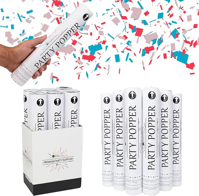 Clover Products Confetti Cannons 6-Pack – Biodegradable Red, White & Blue Party Poppers Launch 25 Feet Patriotic Celebration Supplies for 4th of July, Labor day, Parades, and other Events