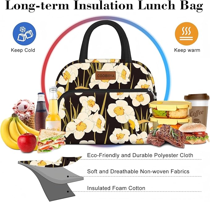 Coobiiya Lunch Bag Women, Daffodil Lunch Bag for Women Adult, Small Leakproof Cute Lunch Box Tote Large Capacity Reusable Insulated Cooler Lunch Container for Work/Office