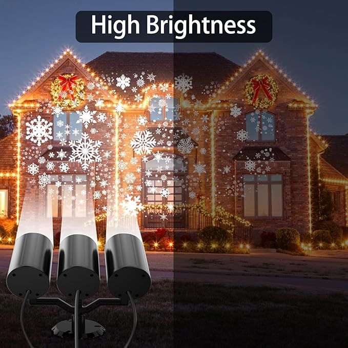 Christmas Snowflake Projector Lights Outdoor 360°Rotating Brightness Three Head Projection Lights Decor Suitable for Christmas, Indoor and Outdoor Party Decorations