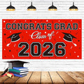 2026 Graduation Party Plastic Backdrop - 65" x 32.7" Congrats Grad Banner in Red, Large Class of 2026 Decorations, Photography & Grad Party Supplies