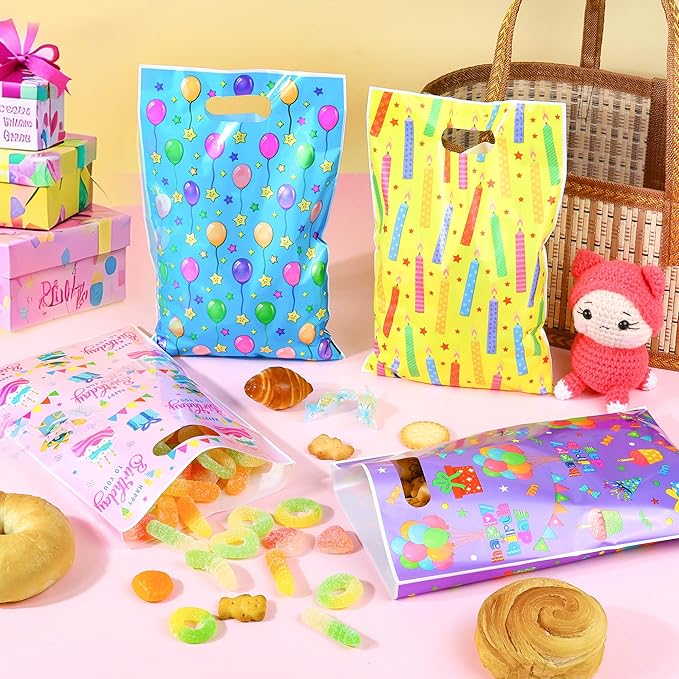 ZYLOP 100pcs Birthday Party Favor Bags - Plastic Happy Birthday Goodie Loot Gift Bags for Kids Girls & Boys Birthdays Party Supplies, Packaging Candy Treat Toys and Party Favors (6.5 x 9.8 Inches)