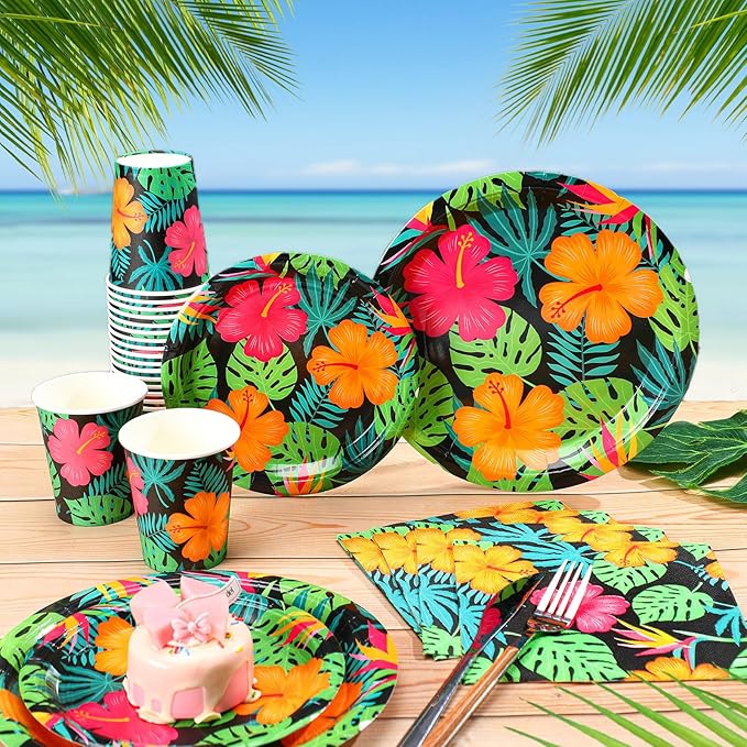 200 Pcs Tropical Nights Hawaiian Aloha Party Supplies Serve 50 Guests Luau Paper Plates Cups Napkins for Summer Beach Tableware Pool Party