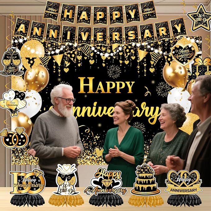 Happy Anniversary Decorations - Black Gold Wedding Party Decorations Kit, Happy Anniversary Banner, Backdrop, Hanging Swirls for Work Decorations (Black Gold)