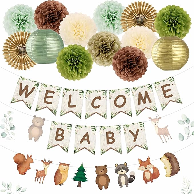 Kriyokiaa Woodland Baby Shower Decorations 15 Pcs Baby Shower Decorations with Welcome Baby Banners Paper Lantern Paper Flower Pom Poms Perfect for Indoor & Outdoor Celebrations
