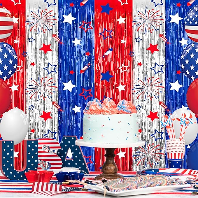 4th of July Decorations 3 Pack Foil Fringe Garland Tinsel Curtains, Red White Blue Hanging Fringe Backdrop Banner, Photo Booth Prop for Patriotic Party Decor (Streamers 3)