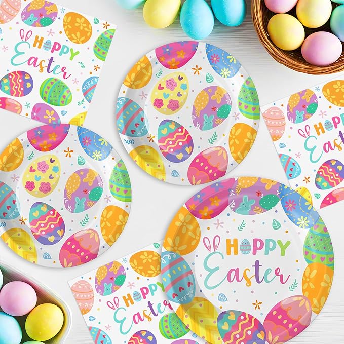 150 Pack Easter Party Supplies Set, Happy Easter Dinnerware Set Includes Heavy Duty Dessert Dinner Plates and Luncheon Napkins for Spring Birthday Party Decorations Table Decor, Serves 50