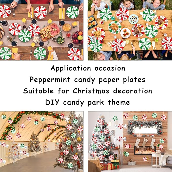 48Pcs Christmas Peppermint Candy Paper Plates Christmas dessert Cake Plates Candy Mint Happy New Year Disposable Party Supplies Set Holiday Xmas Peppermint Red Green Striped Decorations 7Inch