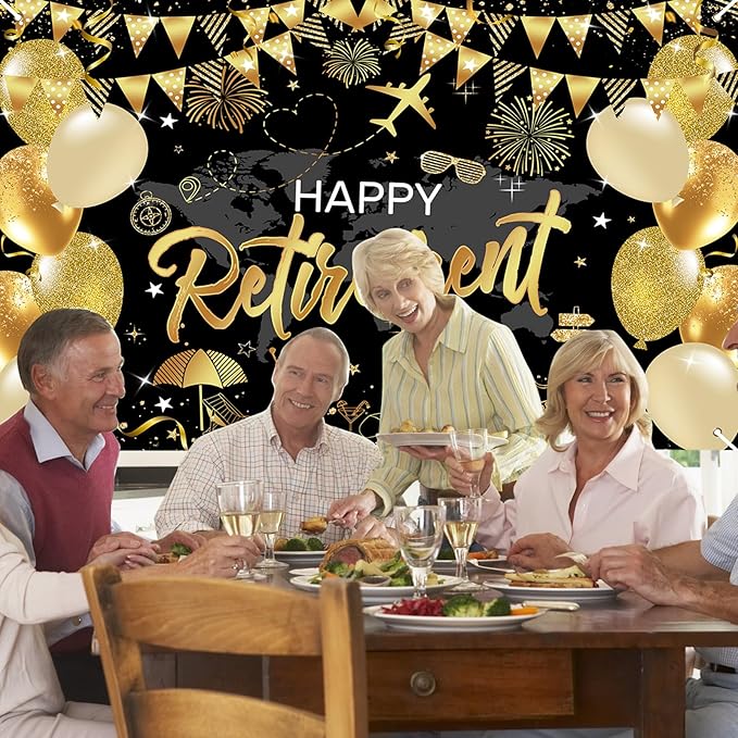 Mocsicka Retirement Party Decorations Black and Gold Happy Retirement Backdrop Banner Retired Party Decorations Photo Booth Props (Black Gold, 180x110cm)